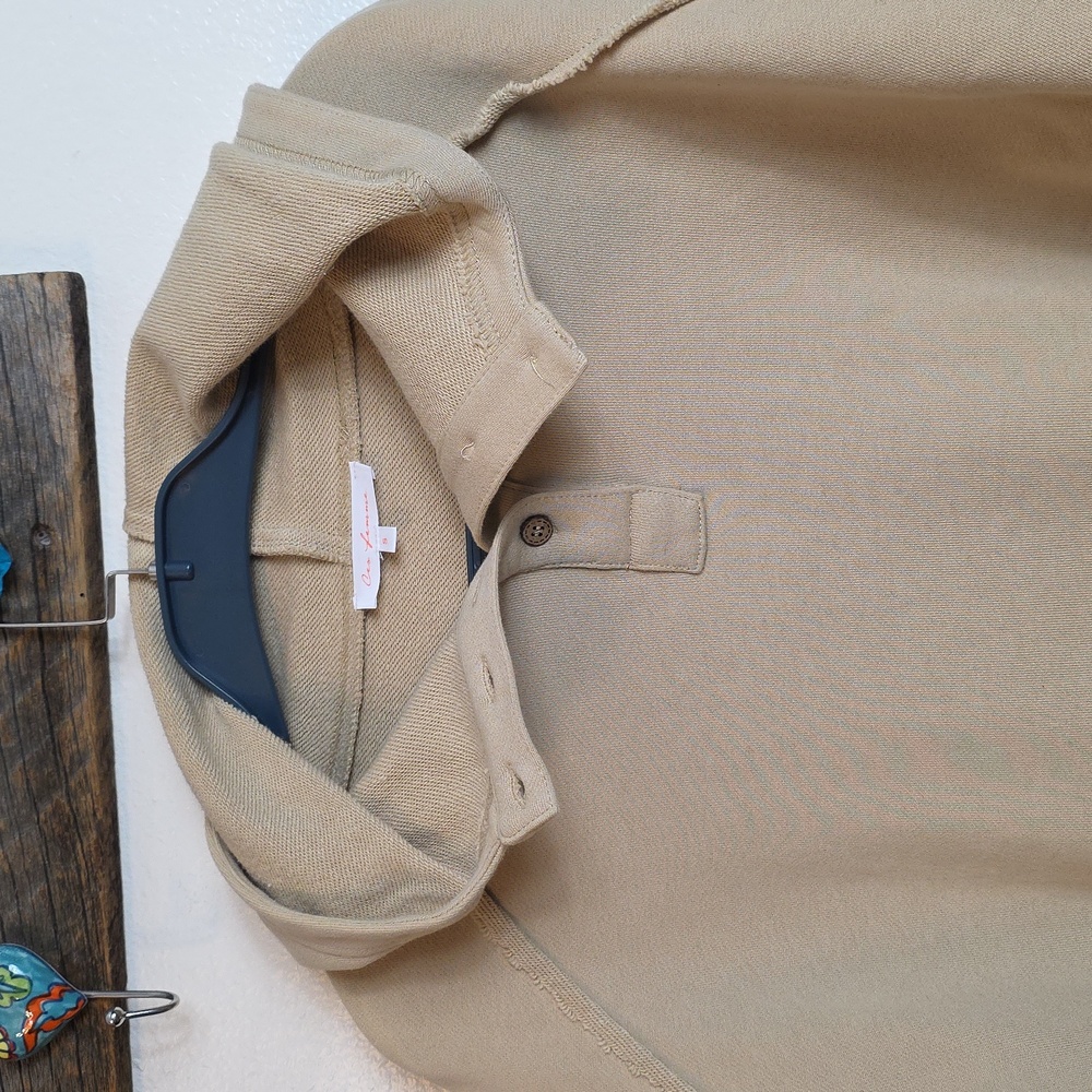 Ces Femme Oversized Cropped Sweatshirt Tan Blue Denim Block Sleeves Small - Picture 4 of 15